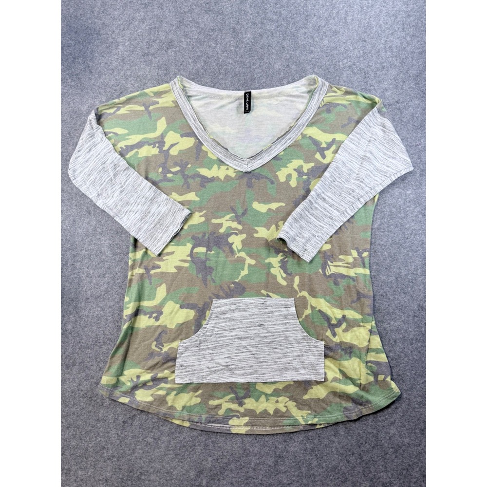 Casa Lee Womens Camo V-Neck Top Grey Contrast 3/4 Sleeve Kangaroo Pocket XL